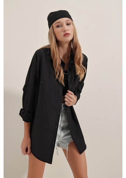 Siyah Oversize Uzun Basic Dokuma Gömlek