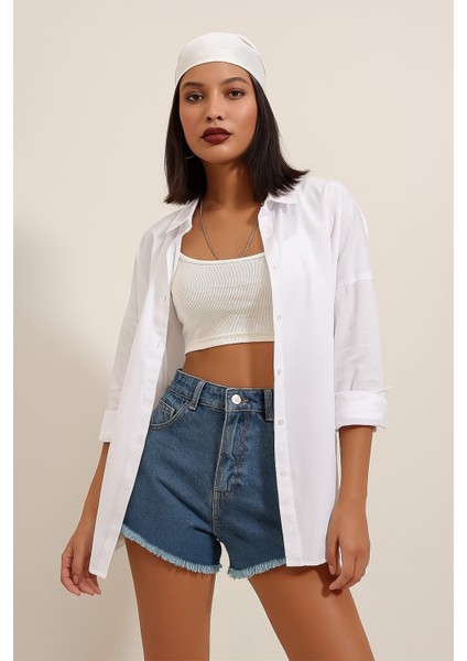 Beyaz Oversize Uzun Basic Dokuma Gömlek