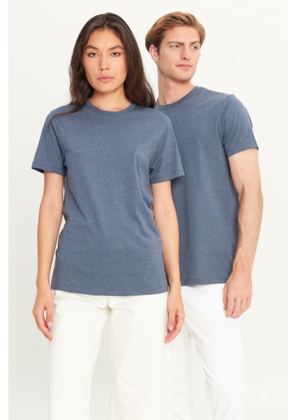 Erkek Indigo Melanj Pamuklu Slim Fit Dar Kesim Bisiklet Yaka Tişört fiyatları