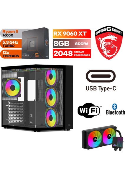Gaming Pc Ddr5 – Rtx 9060XT 8gb – Ryzen 5 7600X - 32GB - 64GB Ddr5 Ram – 1tb M.2 SSD – Sıvı Sogutmalı – Windows 11 Pro