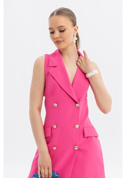 Sırtı Cut-Out Detaylı Gold Düğmeli Kolsuz Blazer Elbise
