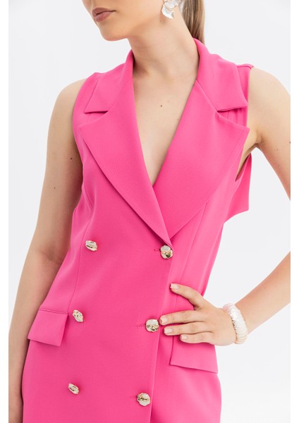 Sırtı Cut-Out Detaylı Gold Düğmeli Kolsuz Blazer Elbise