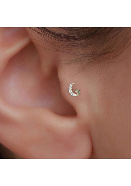14 Ayar Altın Taşlı Ay Yıldız Tragus Piercing