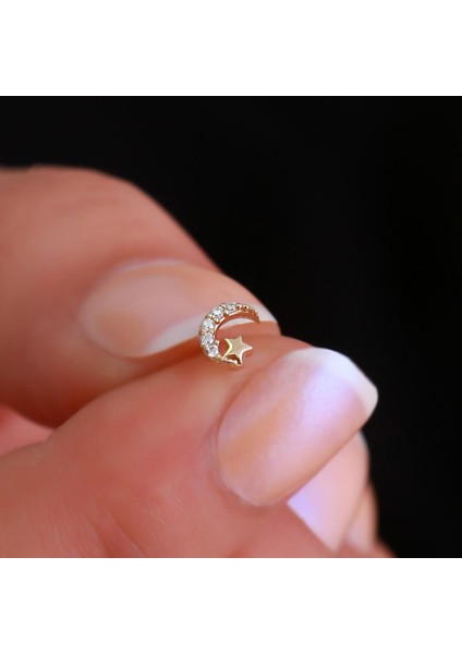 14 Ayar Altın Taşlı Ay Yıldız Tragus Piercing