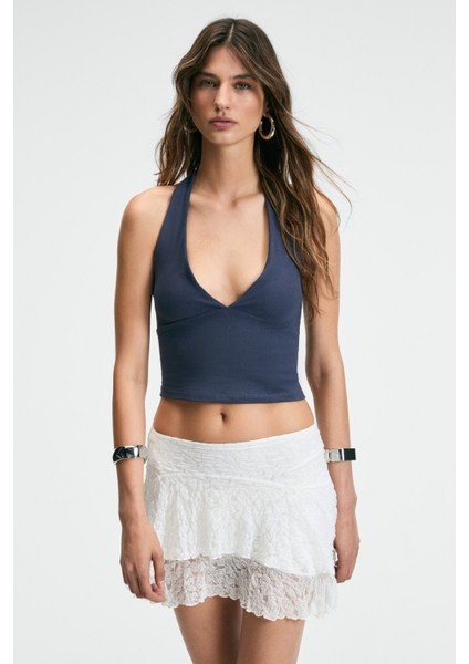 Morıenne Kadın Halter Yaka Kalın Askılı Sırtı Açık Crop Lacivert Bluz
