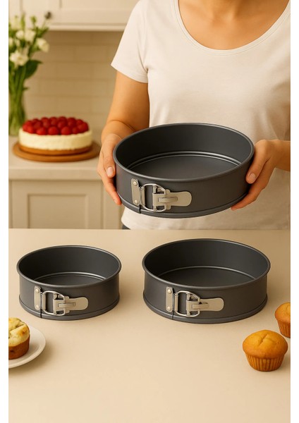 3'lü Set Karbon Çelik Kelepçeli Kek Kalıbı – 24, 26, 28 cm Yapışmaz, Dayanıklı, Fırında Kullanım