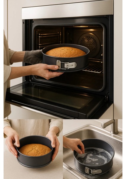 3'lü Set Karbon Çelik Kelepçeli Kek Kalıbı – 24, 26, 28 cm Yapışmaz, Dayanıklı, Fırında Kullanım