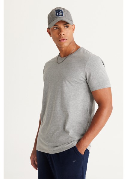 Erkek Koyu Gri Pamuklu Slim Fit Dar Kesim Bisiklet Yaka Tişört modelleri