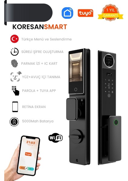 Tuya Akıllı Kapı Kilidi - Yüz ve Avuç içi tarama - Parmak Izi - Wifi - Parola - Ak2 Model