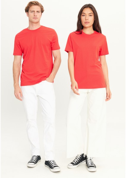 Erkek Kırmızı %100 Pamuk Slim Fit Dar Kesim Bisiklet Yaka Tişört
