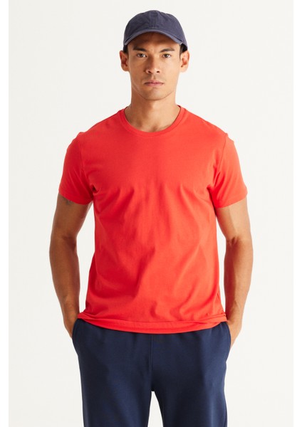 Erkek Kırmızı %100 Pamuk Slim Fit Dar Kesim Bisiklet Yaka Tişört