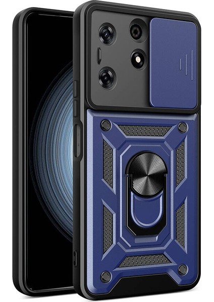 Tecno Spark 10 Pro Kılıf Magnetik Standlı Kamera Korumalı Mkst Sürgülü Vega Kapak-Mavi
