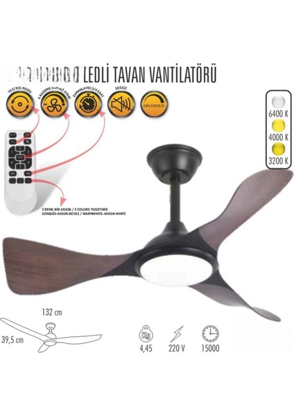 40 Watt, 3 Işık Modlu, 6 Kademeli, Kumandalı, Çok Şık ve Kaliteli Tavan Vantilatörü Ledli Vantilatör