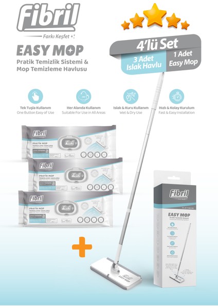 Easy Mop Pratik Temizlik Sistemi + 3 Paket Temizleme Havlusu 120 Yaprak