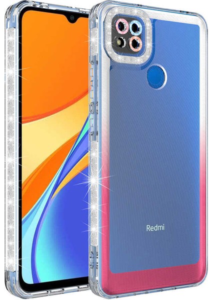 Xiaomi Redmi 9c Kılıf Simli ve Renk Geçiş Tasarımlı Lens Korumalı Mkst Park Kapak-Beyaz-Pembe