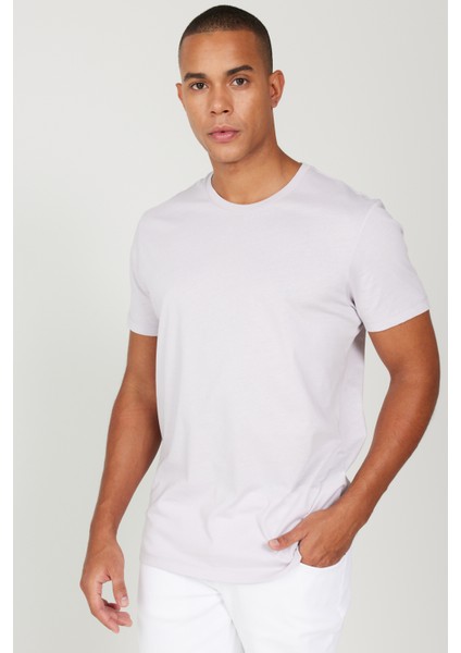 Erkek Lila Slim Fit Dar Kesim %100 Pamuk Bisiklet Yaka Tişört