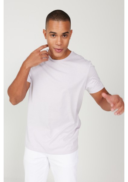 Erkek Lila Slim Fit Dar Kesim %100 Pamuk Bisiklet Yaka Tişört