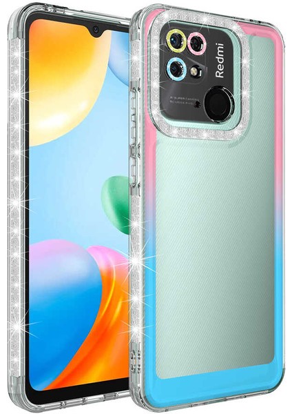 Xiaomi Redmi 10C Kılıf Simli ve Renk Geçiş Tasarımlı Lens Korumalı Mkst Park Kapak-Pembe-Mavi