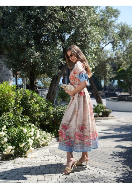 Mavi Çiçek Desen Karpuz Kol Uzun Elbise fiyatları