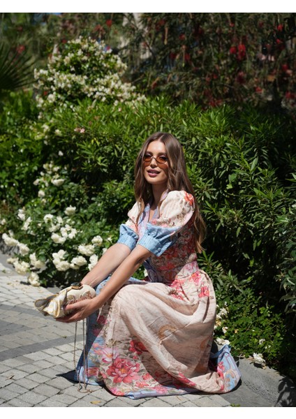 Mavi Çiçek Desen Karpuz Kol Uzun Elbise indirimleri