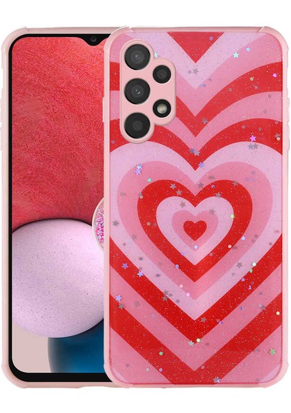 Galaxy A13 4g Kılıf Simli Desenli Kamera Korumalı Parlak Mkst Popy Kapak-Kalp