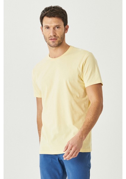 Erkek Sarı %100 Pamuk Slim Fit Dar Kesim Bisiklet Yaka Tişört