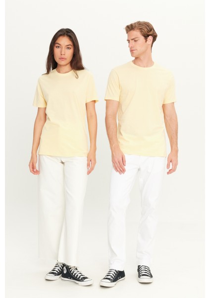 Erkek Sarı %100 Pamuk Slim Fit Dar Kesim Bisiklet Yaka Tişört