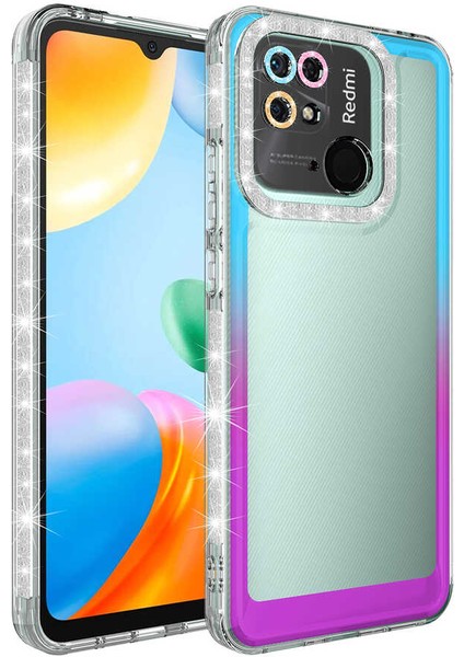 Xiaomi Redmi 10C Kılıf Simli ve Renk Geçiş Tasarımlı Lens Korumalı Mkst Park Kapak-Mavi-Mor