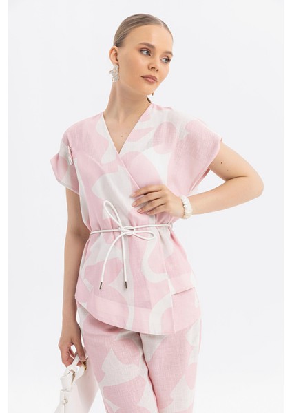 100% Viskon, Keten Görünümlü Pembe Desenli Kuşaklı Anvelop Yaka Yelek-Pantolon Takım modelleri