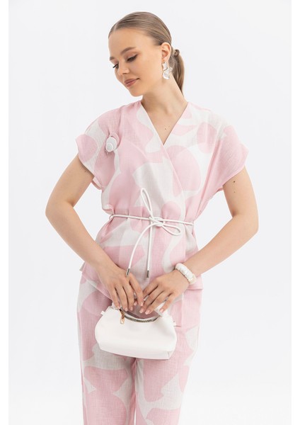 100% Viskon, Keten Görünümlü Pembe Desenli Kuşaklı Anvelop Yaka Yelek-Pantolon Takım fırsatları