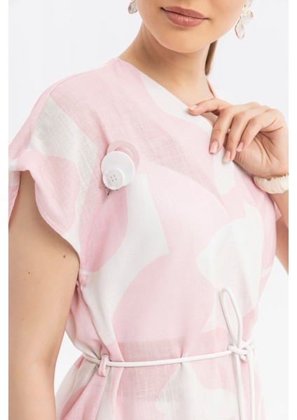 100% Viskon, Keten Görünümlü Pembe Desenli Kuşaklı Anvelop Yaka Yelek-Pantolon Takım indirimleri