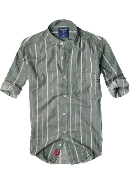 Slim Fit %100 Pamuk Kumaş Hakim Yaka Uzun Kol Gömlek-Çizgili Haki-