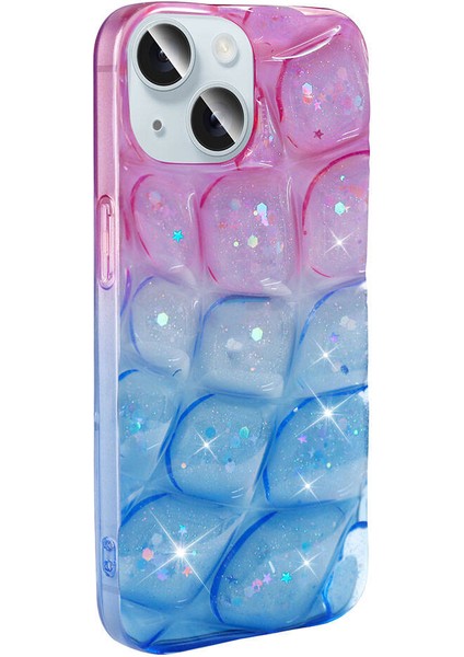 Apple iPhone 15 Kılıf Simli 3D Desenli Mkst Hacar Kapak-Pembe-Mavi