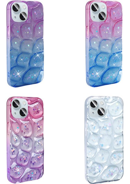 Apple iPhone 15 Kılıf Simli 3D Desenli Mkst Hacar Kapak-Pembe-Mavi