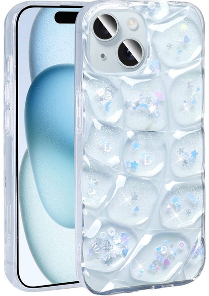 Apple iPhone 15 Kılıf Simli 3D Desenli Mkst Hacar Kapak-Pembe-Mavi