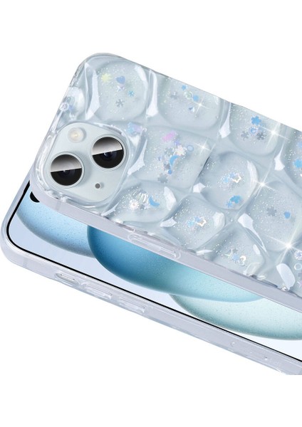 Apple iPhone 15 Kılıf Simli 3D Desenli Mkst Hacar Kapak-Pembe-Mavi