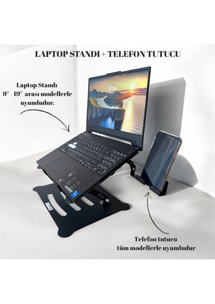 Tüm Modellerle Uyumlu Katlanabilir Çelik Laptop Standı ve Telefon Tutuculu Yükseltici