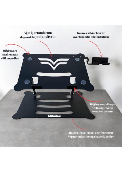 Tüm Modellerle Uyumlu Katlanabilir Çelik Laptop Standı ve Telefon Tutuculu Yükseltici fiyatları