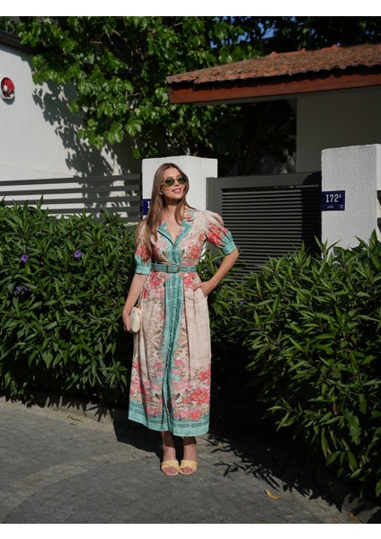 Yeşil Çiçek Desen Karpuz Kol Uzun Elbise