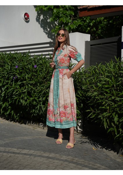 Yeşil Çiçek Desen Karpuz Kol Uzun Elbise fiyatları