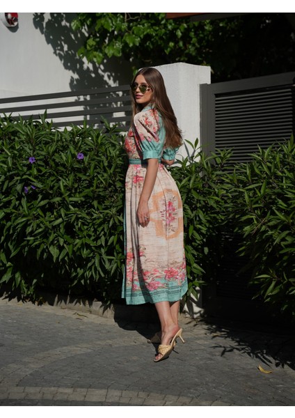 Yeşil Çiçek Desen Karpuz Kol Uzun Elbise modelleri