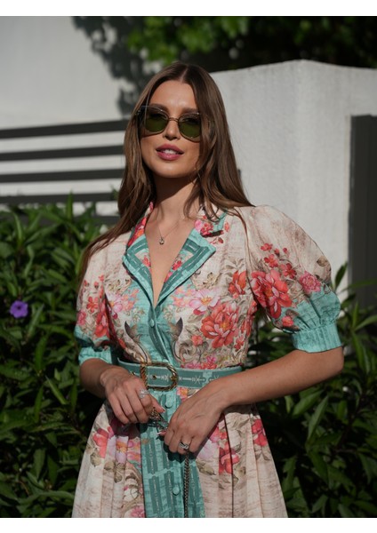 Yeşil Çiçek Desen Karpuz Kol Uzun Elbise fırsatları