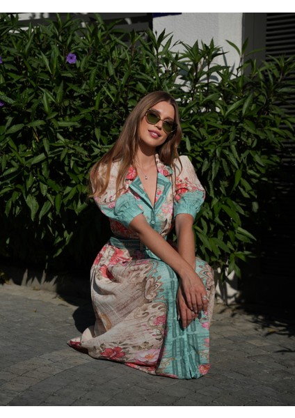 Yeşil Çiçek Desen Karpuz Kol Uzun Elbise indirimleri