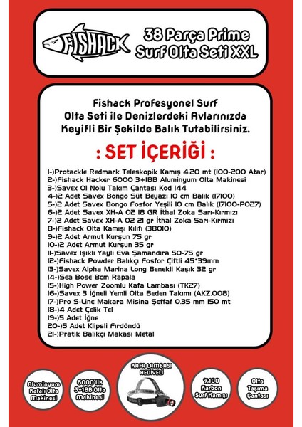 38 Parça Surf Prime Deniz Olta Seti Xxl - 4.20MT / 100-200GR fiyatları