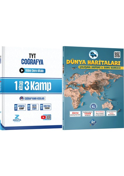 Coğrafyanın Kodları TYT Coğrafya 1 Kitap 3 Kamp Video Ders Kitabı ve Dünya Haritaları Çalışma Defteri Soru Bankası Seti Kr Akademi Yayınları