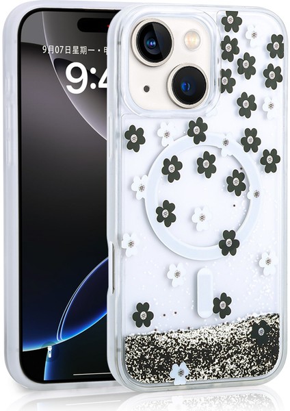 iPhone 15 Uyumlu Kılıf Sıvılı Simli Baskılı Şeffaf Arka Yüzey Mkst Mossa Silikon Kapak-Siyah