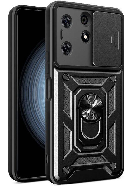 Tecno Spark 10 Pro Kılıf Magnetik Standlı Kamera Korumalı Mkst Sürgülü Vega Kapak-Siyah