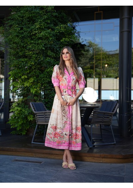 Pembe Çiçek Desen Karpuz Kol Uzun Elbise