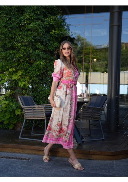 Pembe Çiçek Desen Karpuz Kol Uzun Elbise fiyatları
