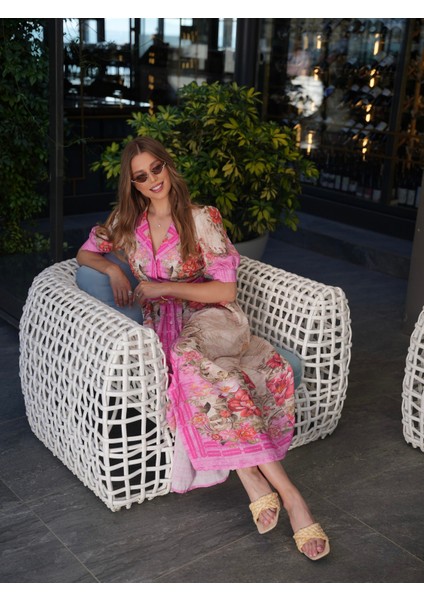 Pembe Çiçek Desen Karpuz Kol Uzun Elbise fırsatları